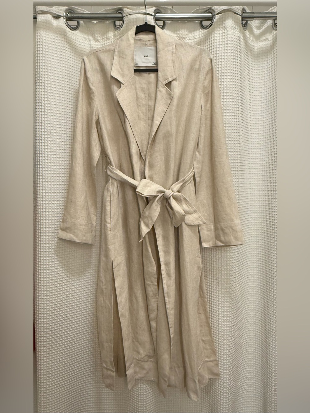 MNG Light Beige Long Linen Trench Coat with Belt